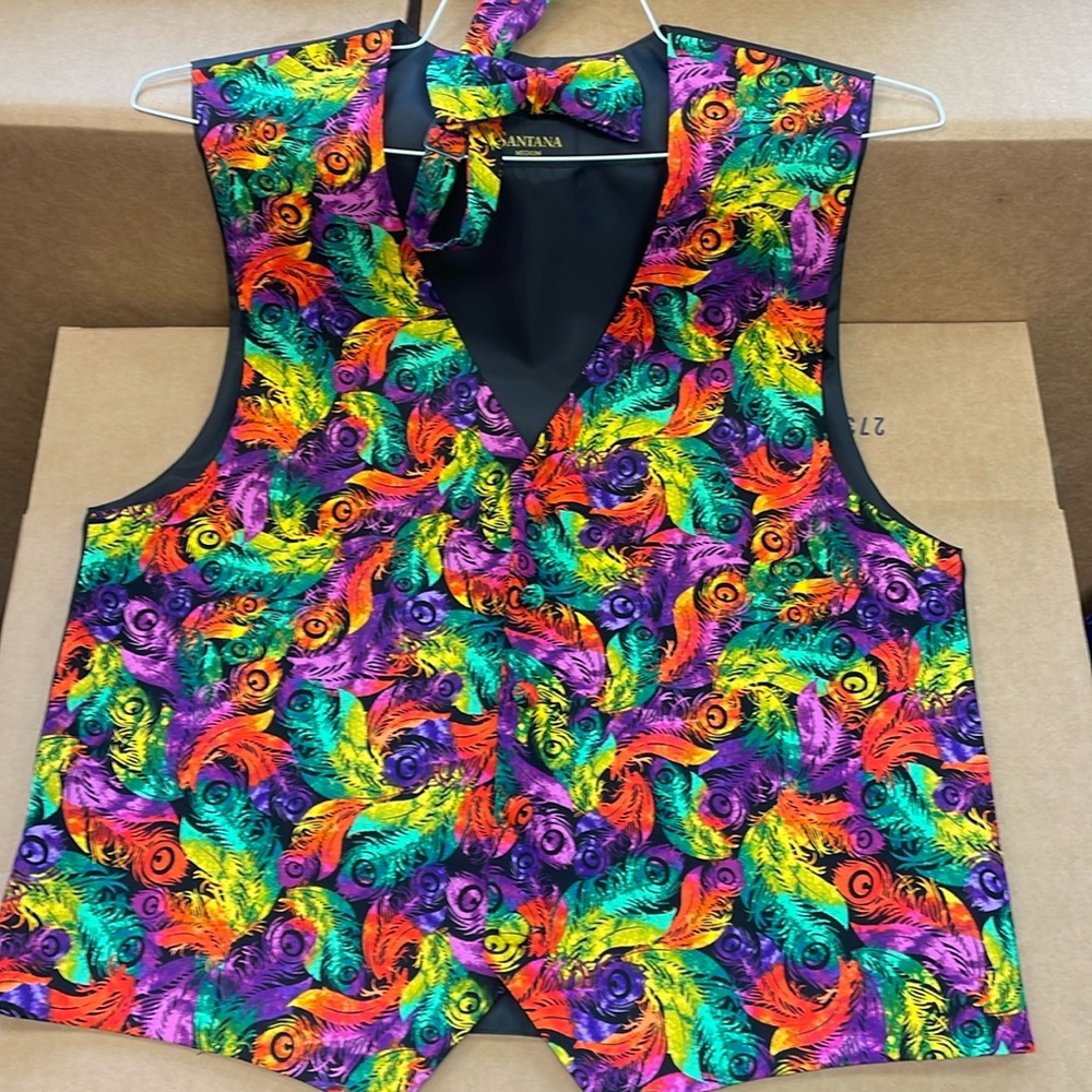 Mardi Gras Feathers Vest and Bow Tie New